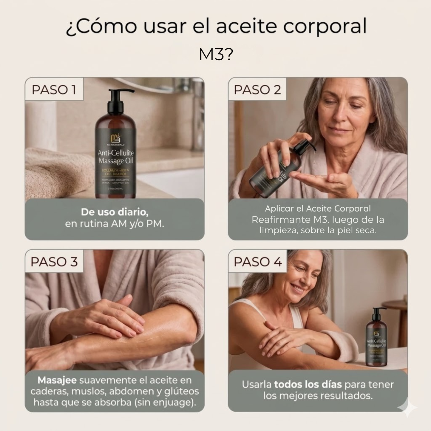 Aceite Corporal Reafirmante M3- Combate Celulitis, Flacidez y Arrugas